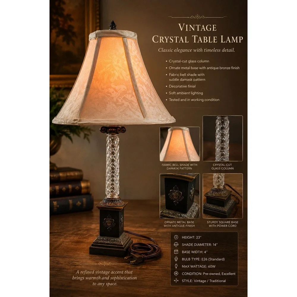 Vintage Crystal Column Table Lamp Bronze Pedestal Base Damask Bell Shade 21.5